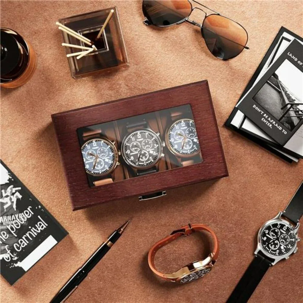 Wood Watch Box for Men 3 Slot Display Case with Glass Lid Organizer Storage